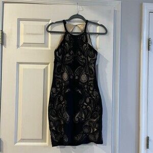 Parker Jaden Dress Womens M Black Lace Beaded Halter Open Back Bodycon